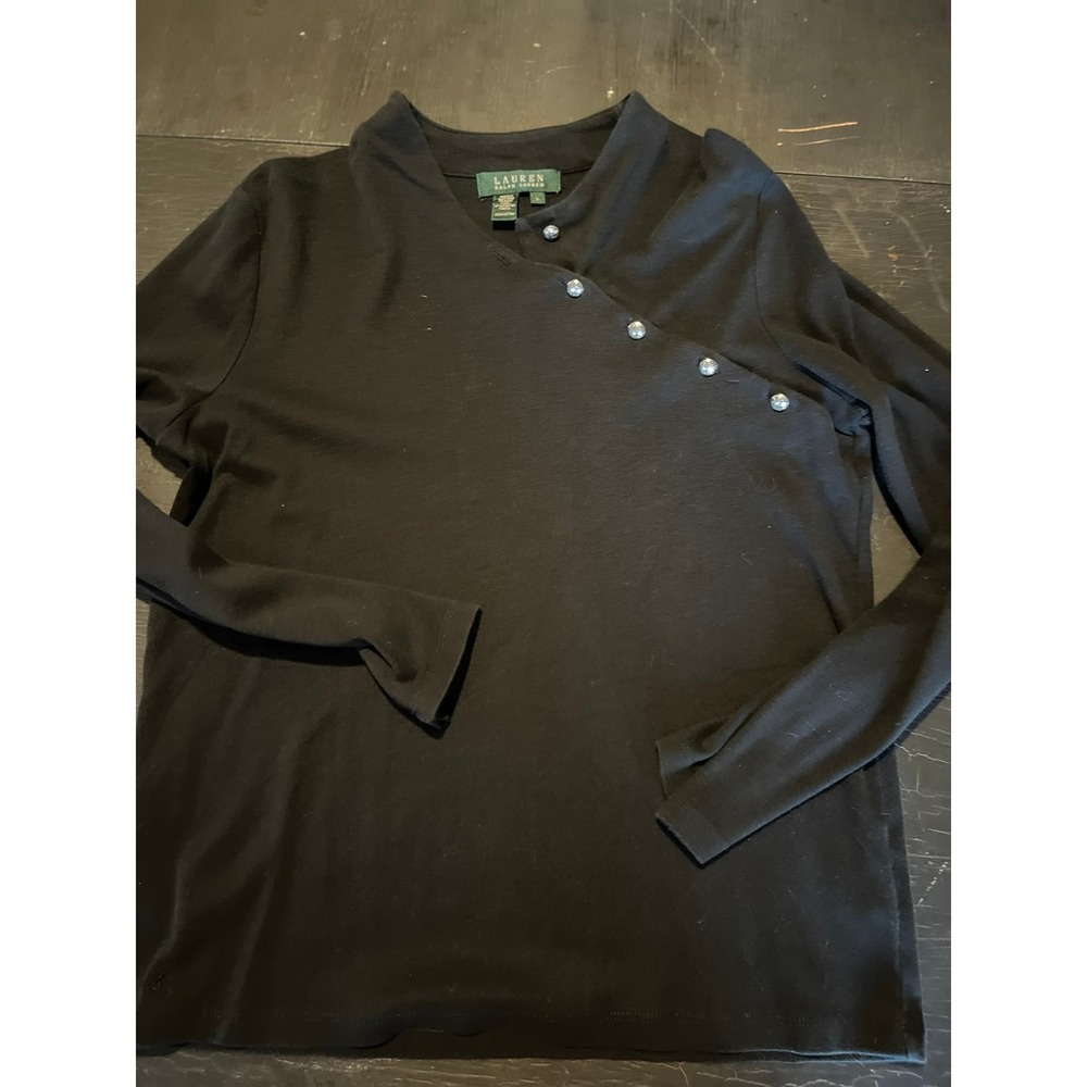 Lauren‎ Ralph Lauren Black Long Sleeve Top Embellished Buttons Mock Neck